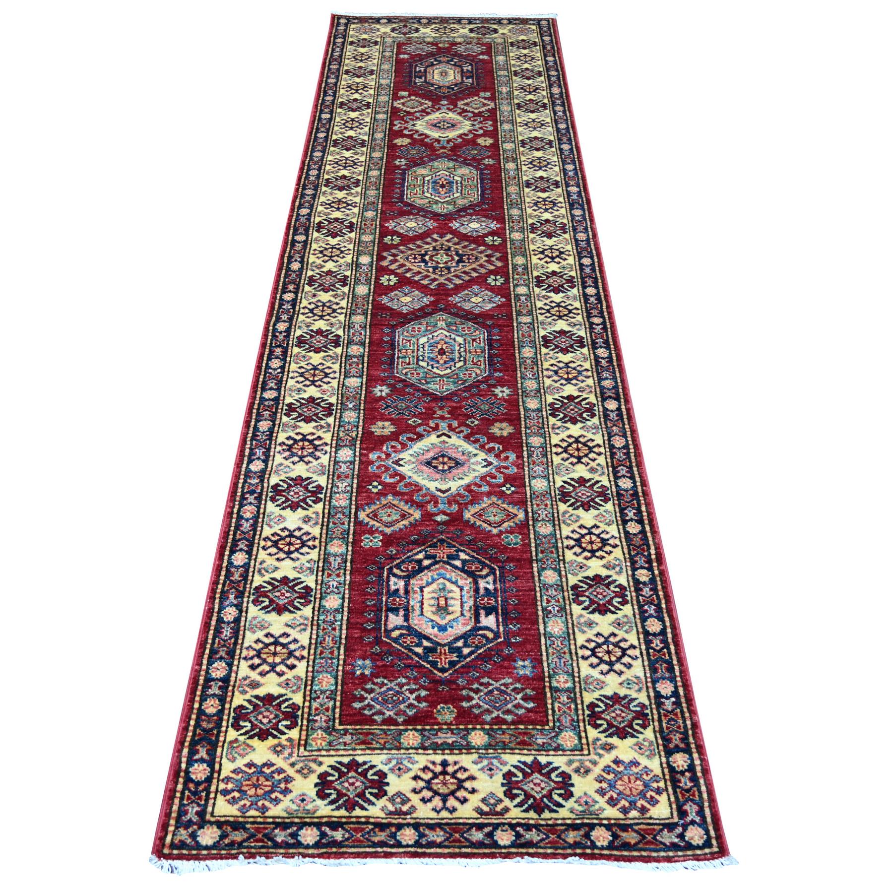 Savvy Red, Afghan Super Kazak with Geometric Medallions Design, Hand Knotted, Soft and Vibrant Wool, Vegetable Dyes, Runner, Oriental Rug